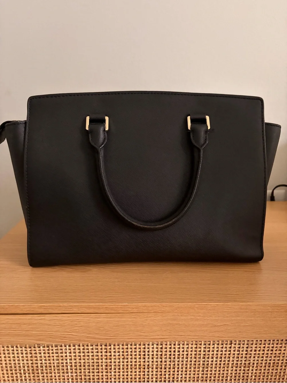 MICHAEL KORS Selma Black Saffiano Leather Satchel with Gold Hardware